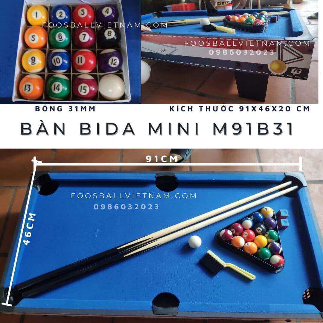 Bàn bida mini M91 nhập khẩu cao cấp giá rẻ 91x46x20cm bi sứ thật 38mm 12 Bàn bida mini m91B31