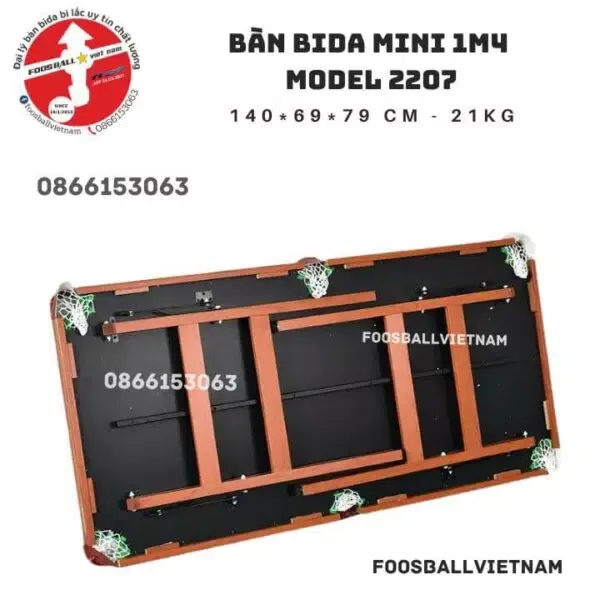 Bàn bida mini 1m4 Model 2207 giá rẻ, chân gập gọn, bi sứ, vải nỉ