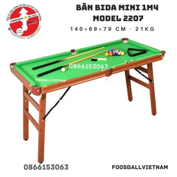 Bàn bida mini 1m4 Model 2207 giá rẻ, chân gập gọn, bi sứ, vải nỉ