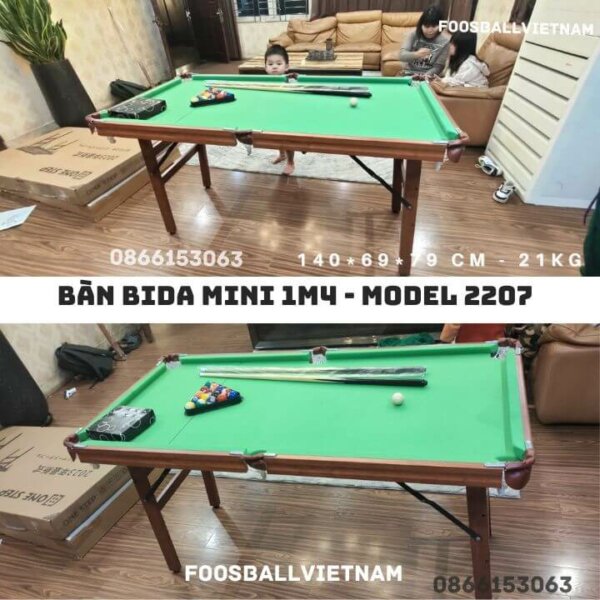 Bàn bida mini 1m4 Model 2207 giá rẻ, chân gập gọn, bi sứ, vải nỉ