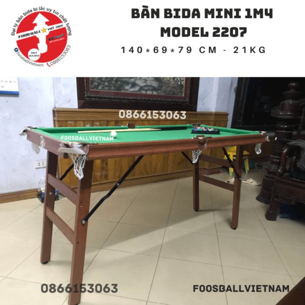 Bàn bida mini 1m4 Model 2207 giá rẻ, chân gập gọn, bi sứ, vải nỉ