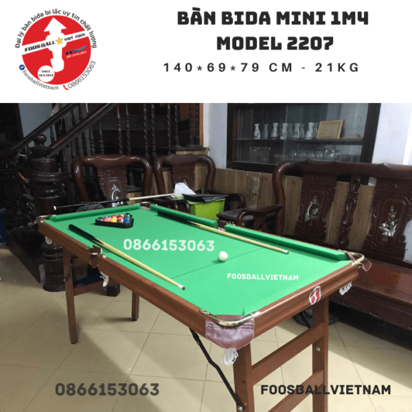 Bàn bida mini 1m4 Model 2207 giá rẻ, chân gập gọn, bi sứ, vải nỉ