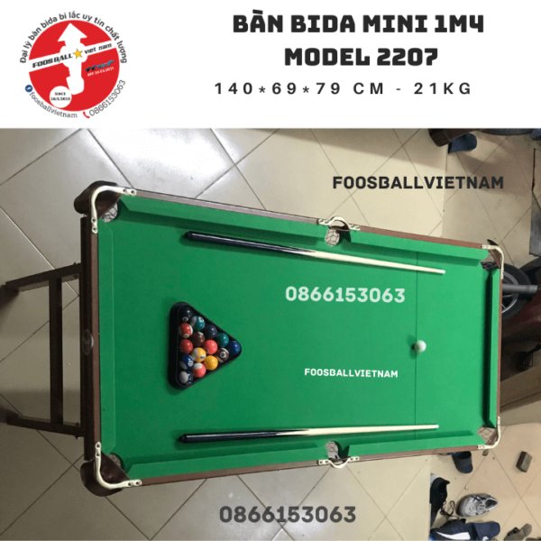 Bàn bida mini 1m4 Model 2207 giá rẻ, chân gập gọn, bi sứ, vải nỉ