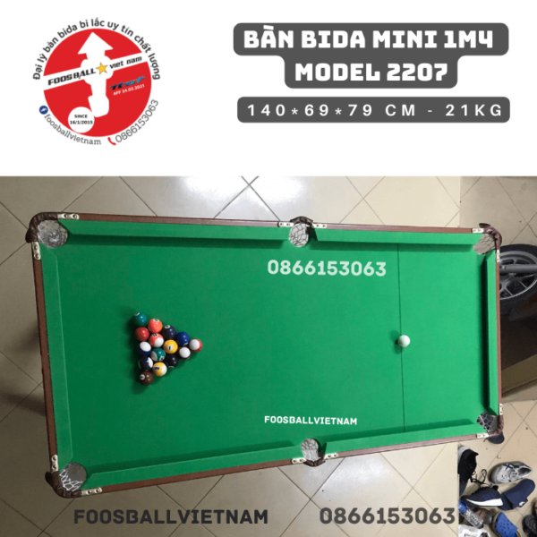 Bàn bida mini 1m4 Model 2207 giá rẻ, chân gập gọn, bi sứ, vải nỉ