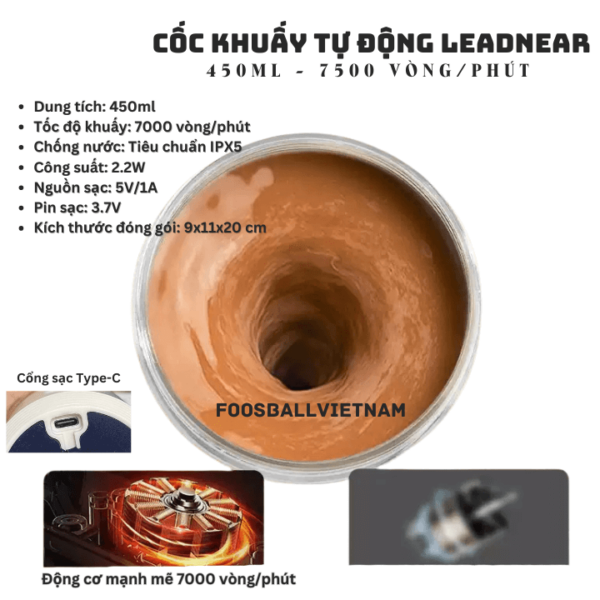 Cốc Tự Khuấy LeadNear sạc điện Type-C chịu nước kiểu dáng thể thao