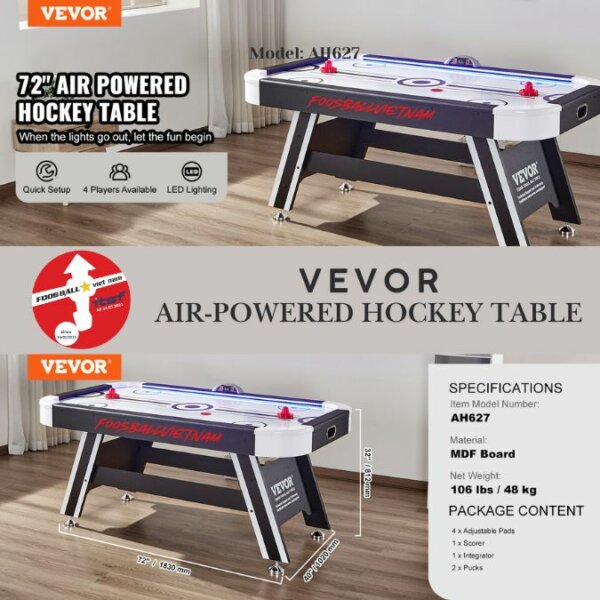 Bàn khúc côn cầu chạy bằng khí nén VEVOR Air-Powered Hockey Table AH627- 72 inch (1830x1020x812mm)