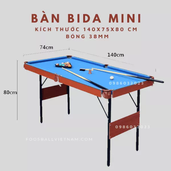 Bàn bi-a bida billiard mini cao cấp giá rẻ M140 kích thước 140x75x80cm ball 38mm